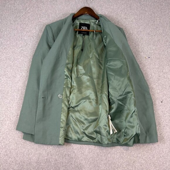 Zara Blazer Women Medium Light Green Longline Straight Single Vented Office NWOT - Picture 2 of 13
